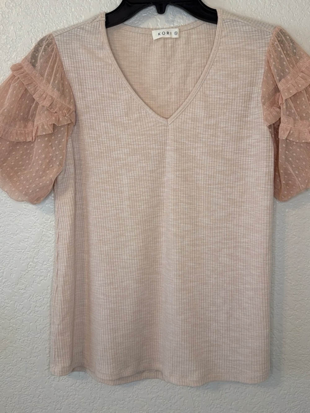 Kori Blush Pink V-Neck Top with Sheer Ruffle Sleeves